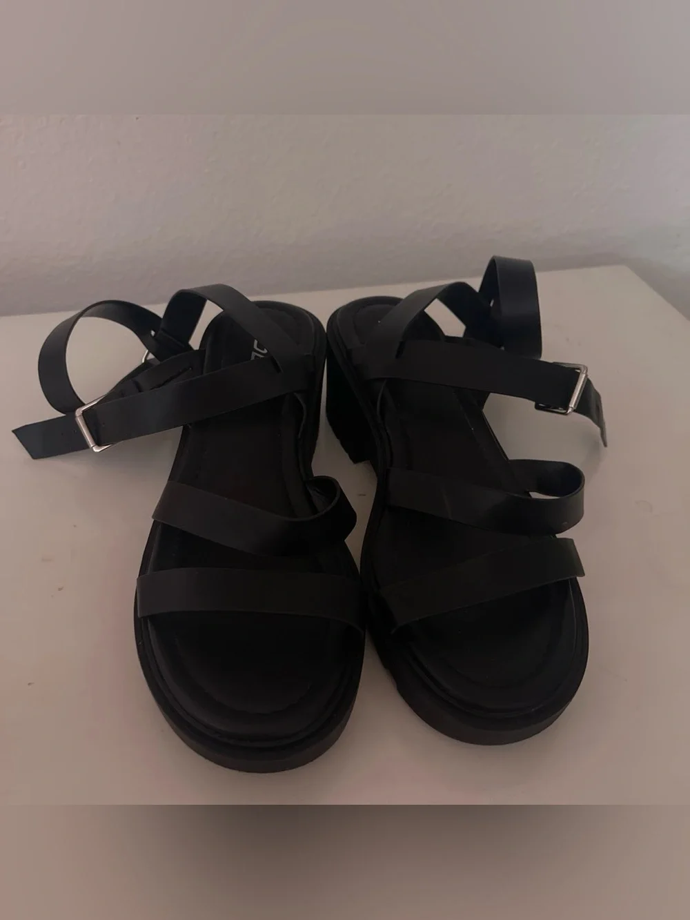 Soda Black Strappy Lug-Sole Platform Sandals